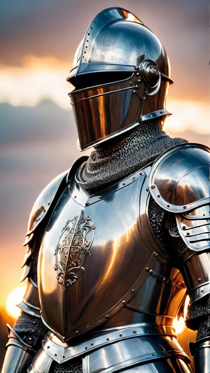 closeup, medieval knight, shiny armor, sunset