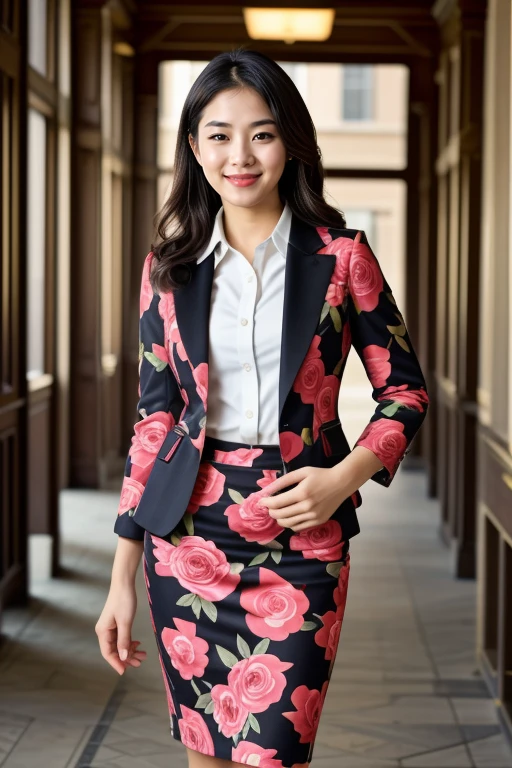 ((Masterpiece, best quality, cinematic lighting, 8k, full body shot)), (smile:0.85), (realistic background)
<lora:Floral_Office_Dress_By_Stable_Yogi:0.8> floral print, formal, suit, pencil skirt