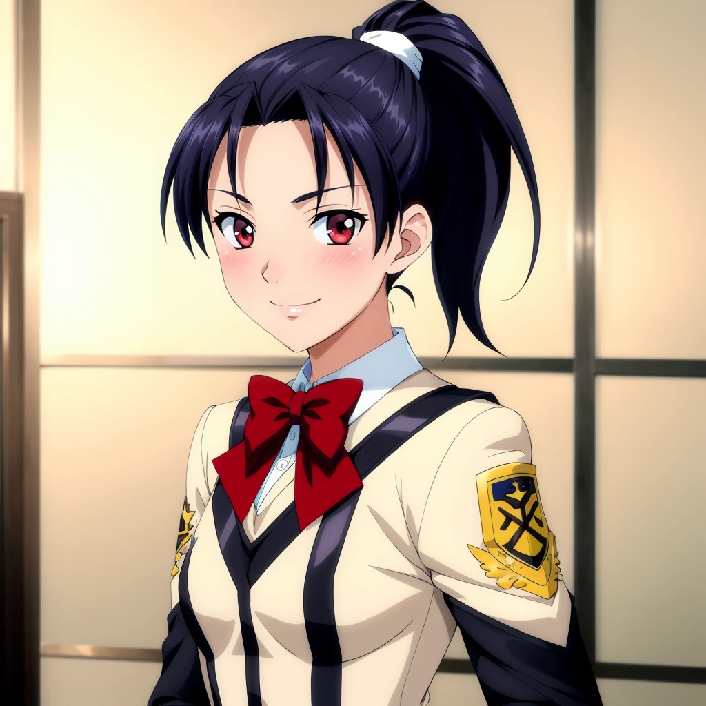 <lora:MaiShibamura002:0.7>,<lora:add_detail:0.5>,<lora:noline:0.3>,<lora:boldline:-0.3>,looking at viewer,blush,smile,
MaiShibamura,1girl,ponytail,
uniform,bow,emblem,shirt tuck-in,
school,