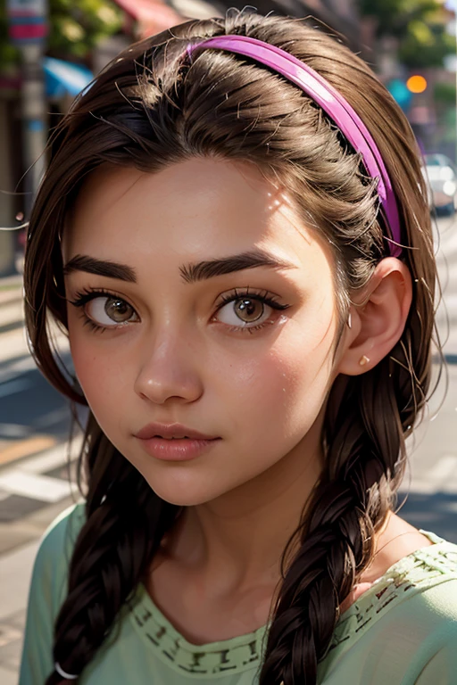 An impressive and intricate full color portrait, a 13 year old girl, brown hair with 2 braids, brown eyes, pink headband, detailed face, dressed in a light green t-shirt with embroidery on the neck, no logos, epic character composition, alessio albi, nina masic, sharp focus, natural lighting, subsurface dispersion, f2, 35mm,