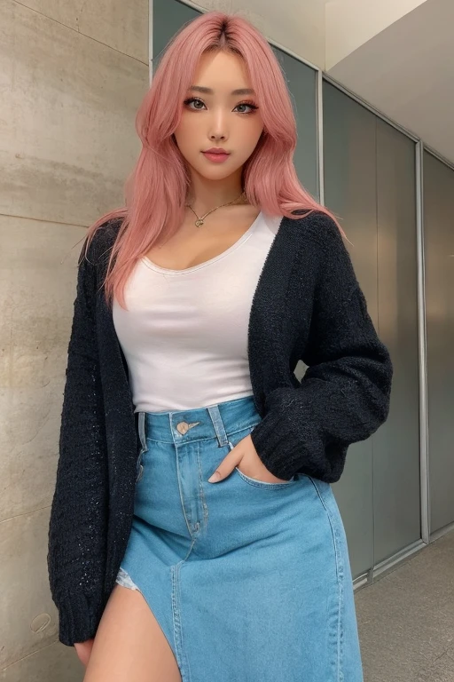4k, 8k, ultra highres, raw photo in hdr, sharp focus, intricate texture, skin imperfections, realistic, detailed facial features, highly detailed face, posing,perfect lighting,pink hair, standing,black t-shirt,pink cardigan,long skirt, <lora:Sharonzxt1:0.7> Sharonzxt