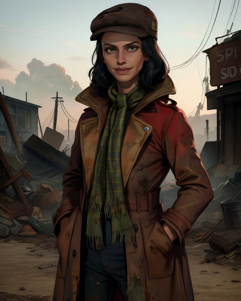 piper,black hair,green eyes, hands in pockets,
standing,upper body,
red overcoat,scarf,dirty clothes,small cap,
light smile,
wasteland,newspaper stand,
(insanely detailed, masterpiece, best quality),<lora:piper:0.8>,
