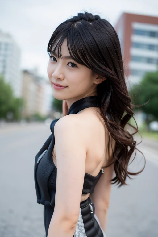 1girl, (LBD:1.8),(RAW photo, best quality), (realistic, photo-realistic:1.4), masterpiece, an extremely delicate and beautiful, extremely detailed, 2k wallpaper, Amazing, finely detail, extremely detailed CG unity 8k wallpaper, ultra-detailed, highres, soft light, beautiful detailed girl, extremely detailed eyes and face, beautiful detailed nose, beautiful detailed eyes,(cinematic lighting:1.4),(in the city:2.0),perfect anatomy,(slender body:1.2),(close up face:2.2),(gentle smile,Friendly, warm:2.0),(looking back standing:1.8),(wavy long hair:1.6), (brown eyes:1.8),<lora:yuina_lora-11:0.8>