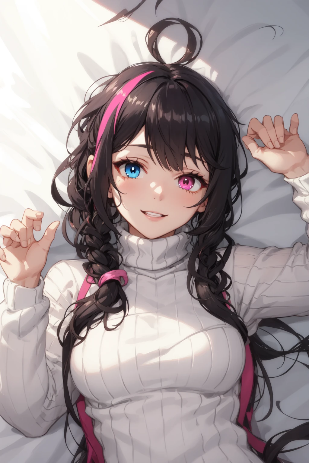 best quality, masterpiece,1girl, sweater, streaked hair, heterochromia, blue eyes|pink eyes,light smile, on back,