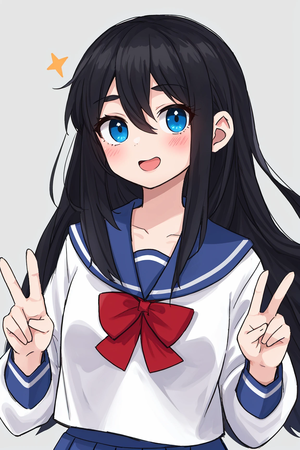 1girl, solo, black hair, long hair, bangs, hair between eyes, eyebrows visible through hair, looking at viewer, white shirt, serafuku, red bow, red bowtie, blue sailor collar, sailor collar, bowtie, long sleeves, blue skirt, pleated skirt, simple backgroundbest quality, amazing quality, very aesthetic, absurdres