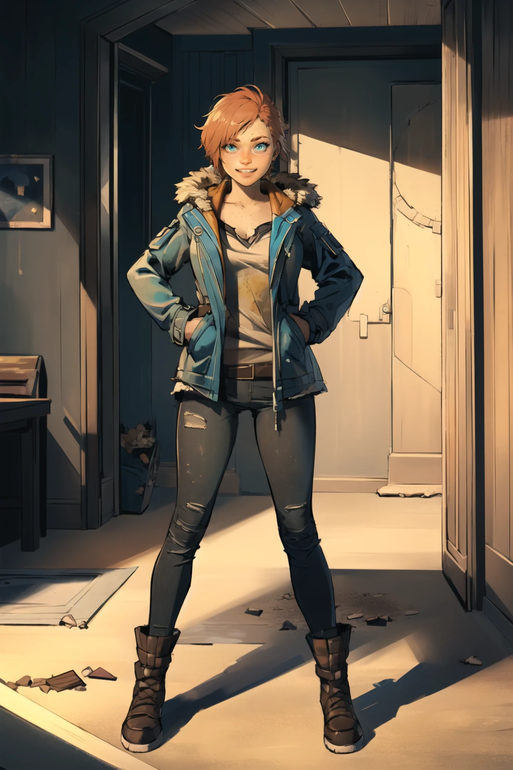 masterpiece, best quality, 8k uhd, dslr, soft lighting, high quality, <lora:MinervaTWDv1.1:0.8> minervatwd, 1girl, jacket, blue eyes, jewelry, fur trim, red hair, freckles, shirt, indoors, debris, looking at viewer, full body, hand on hips, smile, teeth