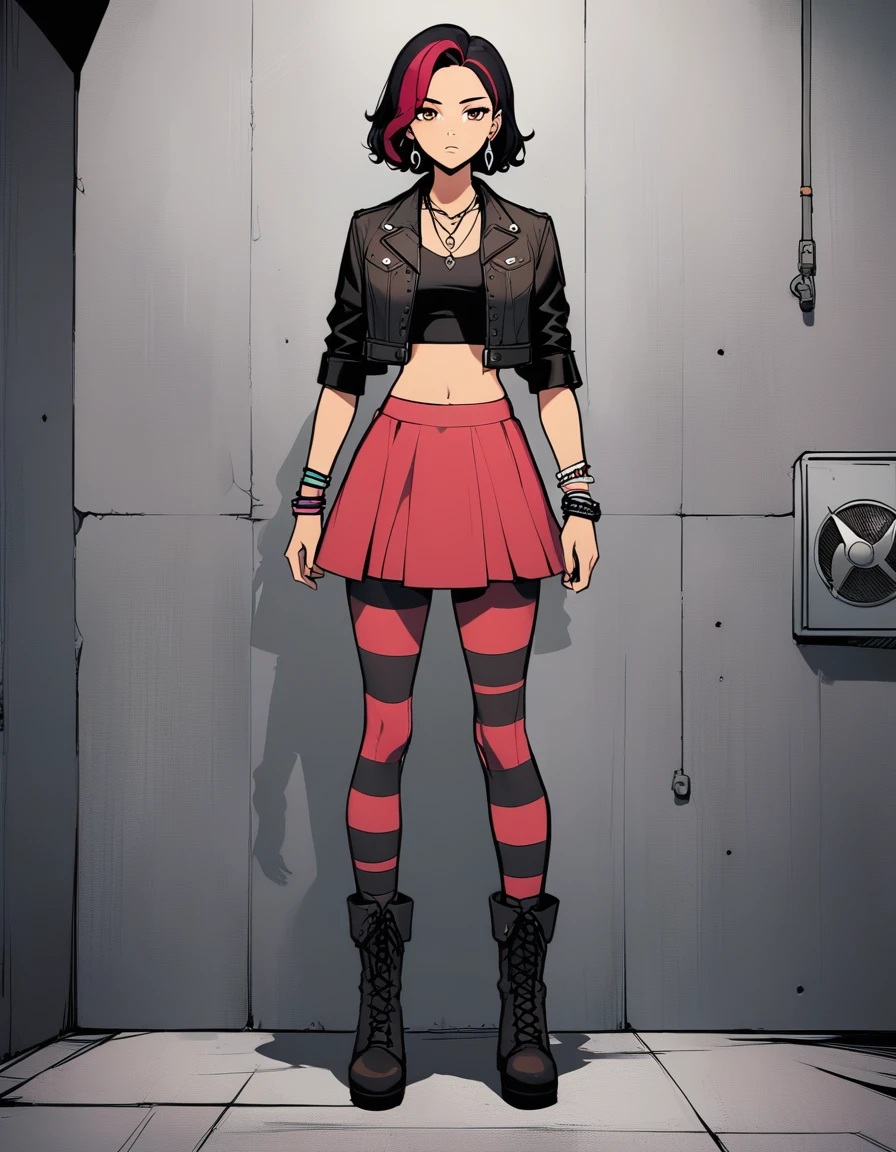 1girl,mercedescortez,black hair,multicolored hair,crop top,skirt,cropped jacket,striped pantyhose,earrings,necklace,bracelets,leather boots,standing,expressionless,in concrete room,front shot, <lora:MercedesCortezXL:0.8>