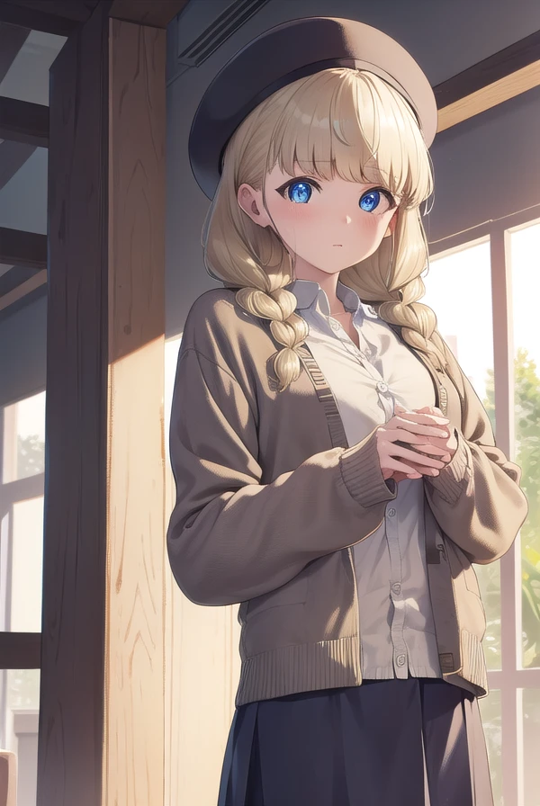 heriohanamori, <lora:herio hanamori manga-lora-nochekaiser:1>,
hanamori, long hair, bangs, braid, twin braids, blue eyes, blonde hair,
BREAK skirt, shirt, hat, cardigan,
BREAK indoors, classroom,
BREAK looking at viewer, (cowboy shot:1.5),
BREAK <lyco:GoodHands-beta2:1>, (masterpiece:1.2), best quality, high resolution, unity 8k wallpaper, (illustration:0.8), (beautiful detailed eyes:1.6), extremely detailed face, perfect lighting, extremely detailed CG, (perfect hands, perfect anatomy),