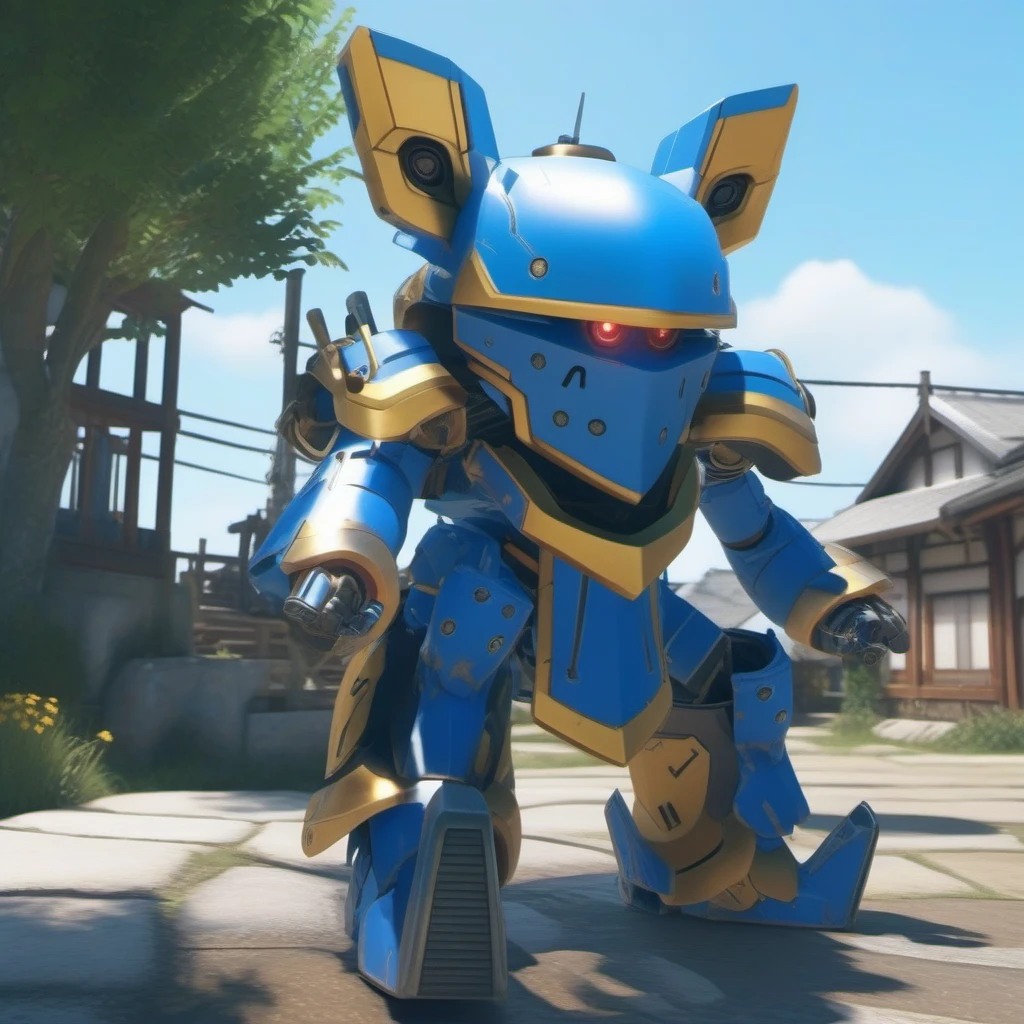Ultra-realistic extremely detailed real life 8k masterpiece of a super sleek cool blue and gold dog mech exploring a village, epic background, extremely detailed eyes mouth and facial features, breathtaking epic lighting, cinematic composition, sakura wars style <lora:sakura wars style:1>