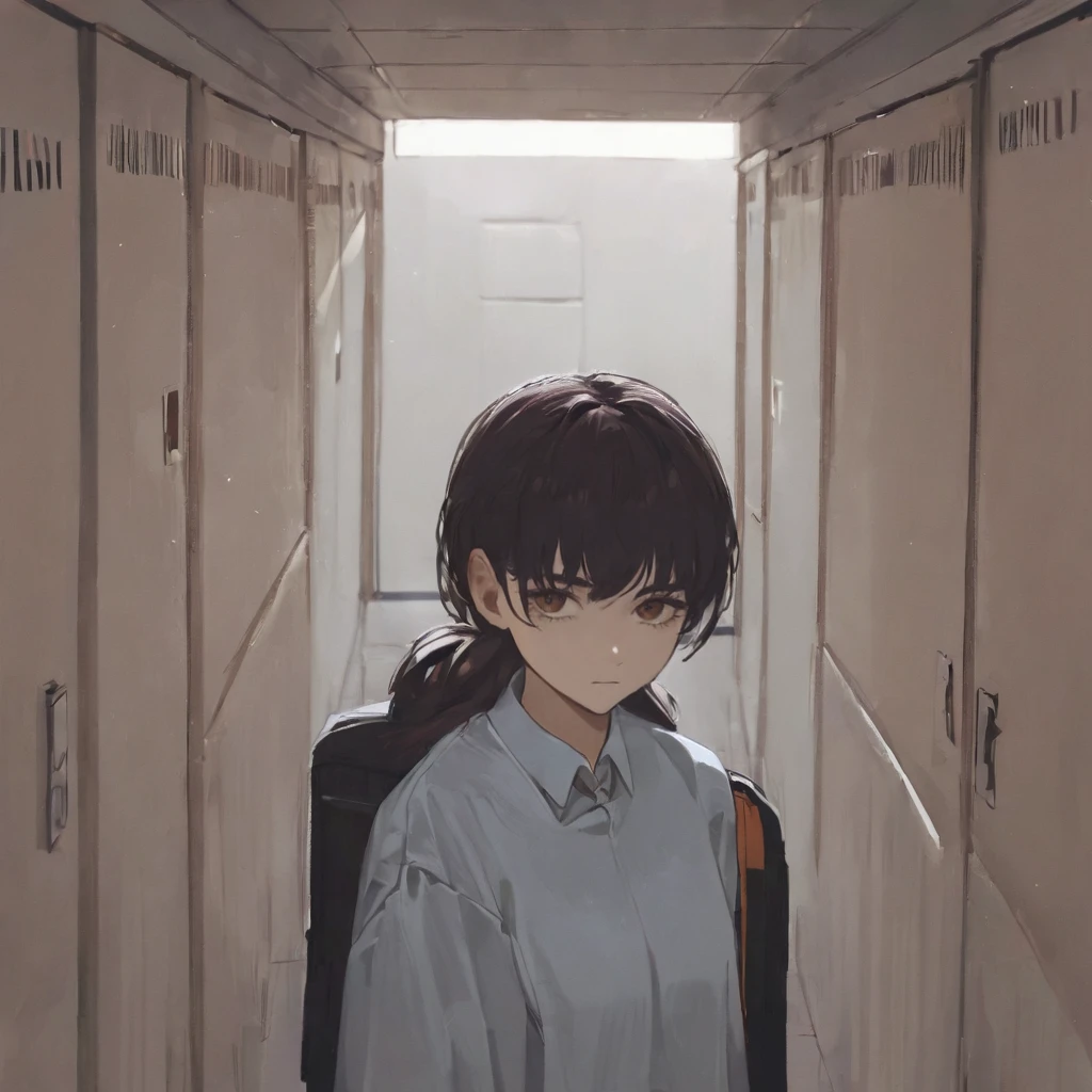 1girl, mitaka asa, with a shy look, in school hallway, (masterpiece), cinematic, beautiful light, best quality, newest, safe, absurdres <lora:mitaka_xl_rev2:1>