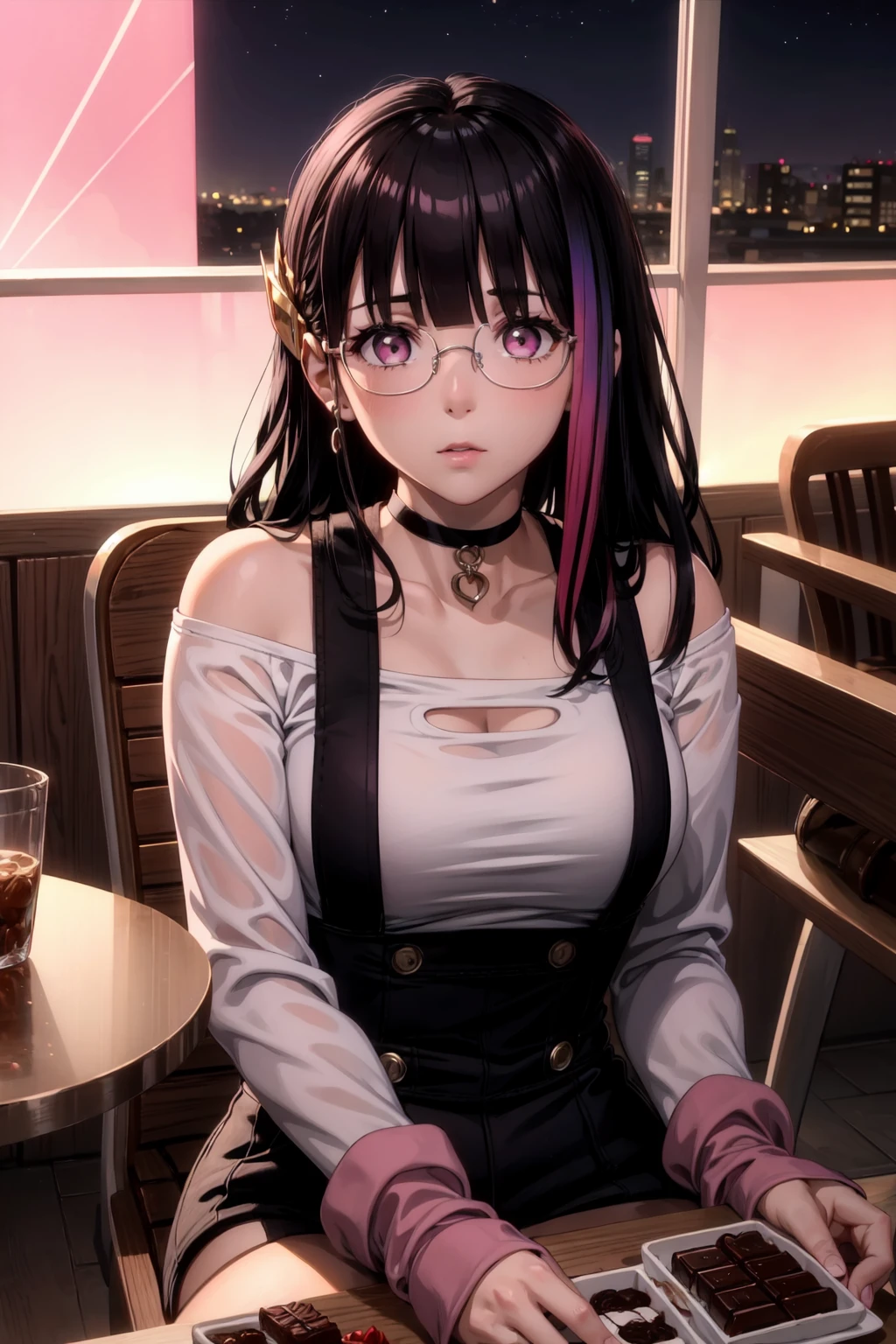 rouge redstar,1girl, black hair, solo, long hair, pink eyes,white off-shoulder shirt,black overall shorts,suspenders,(pink theme:1.2),pink light,(pov across table:1.2, looking at viewer),upper body,straight-on, facing viewer,indian red arm warmers, glasses, rimless eyewear,chocolate bar, ,ear ornament, black choker, streaked hair, blunt bangs ,bar, outdoors,skyline,sitting,chair,night, (best quality, masterpiece) <lora:rougue_redstar_v1_1:1>