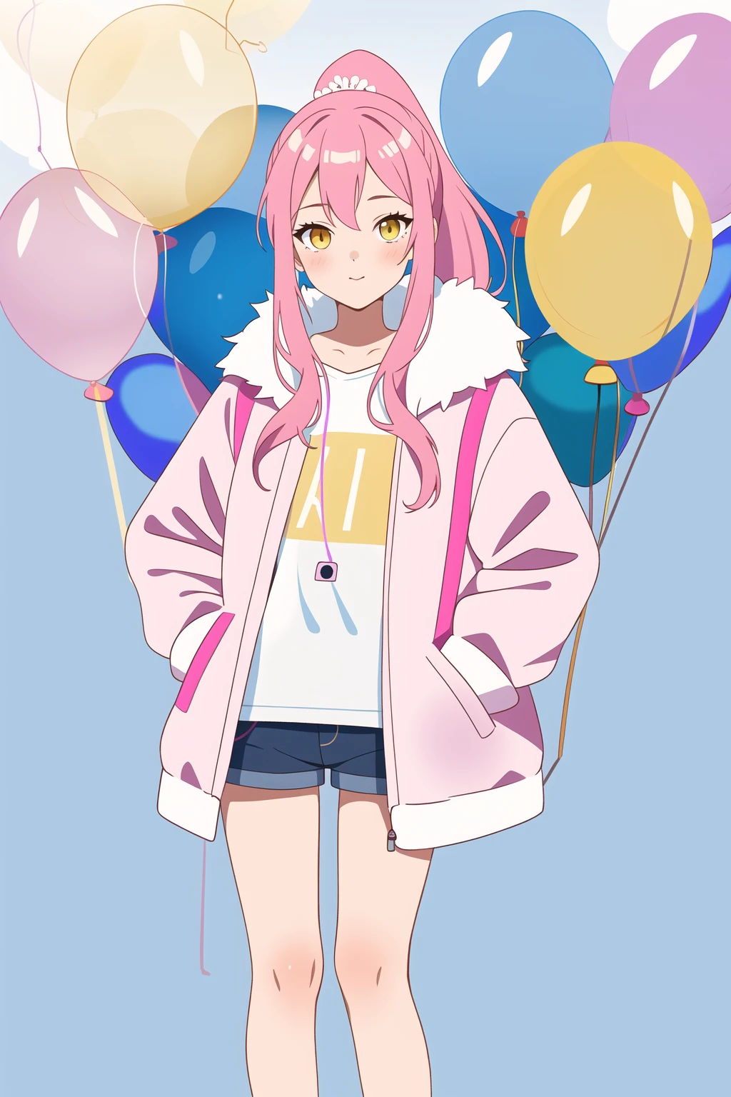 1petite girl, solo.pink hair, long pink hair, (yellow eyes),puffy sleeves,fur-trimmed jacket, hair flower, fipped hair, high ponytail, loose over_sized Casual T-shirt, white shirt, hoodie coat, bare legs, slippers;relaxed, one-eye_closed, adjusting hair, looking at viewer, standing,(balloon:1.5),hands in pockets