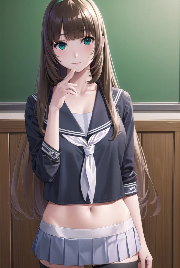 chitosenishina, <lora:chitose nishina manga-lora-nochekaiser:1>,
chitose nishina, long hair, brown hair, (green eyes:1.3), bangs, blunt bangs, smile,
BREAK skirt, thighhighs, navel, cleavage, school uniform, pleated skirt, hairband, shoes, serafuku, black thighhighs, black skirt, zettai ryouiki, neckerchief,
BREAK indoors, classroom,
BREAK looking at viewer, (cowboy shot:1.5),
BREAK <lyco:GoodHands-beta2:1>, (masterpiece:1.2), best quality, high resolution, unity 8k wallpaper, (illustration:0.8), (beautiful detailed eyes:1.6), extremely detailed face, perfect lighting, extremely detailed CG, (perfect hands, perfect anatomy),