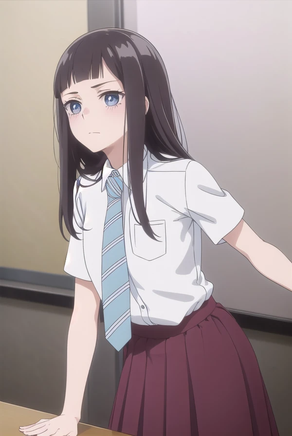 rikasonezaki, <lora:rika sonezaki s1-lora-nochekaiser:1>,
rika sonezaki, long hair, black hair, (grey eyes:1.3), bangs, blunt bangs, sidelocks, (forehead:1.2),
BREAK skirt, shirt, school uniform, white shirt, short sleeves, necktie, striped, collared shirt, shirt tucked in, striped necktie,
BREAK indoors, classroom,
BREAK looking at viewer, (cowboy shot:1.5),
BREAK <lyco:GoodHands-beta2:1>, (masterpiece:1.2), best quality, high resolution, unity 8k wallpaper, (illustration:0.8), (beautiful detailed eyes:1.6), extremely detailed face, perfect lighting, extremely detailed CG, (perfect hands, perfect anatomy),