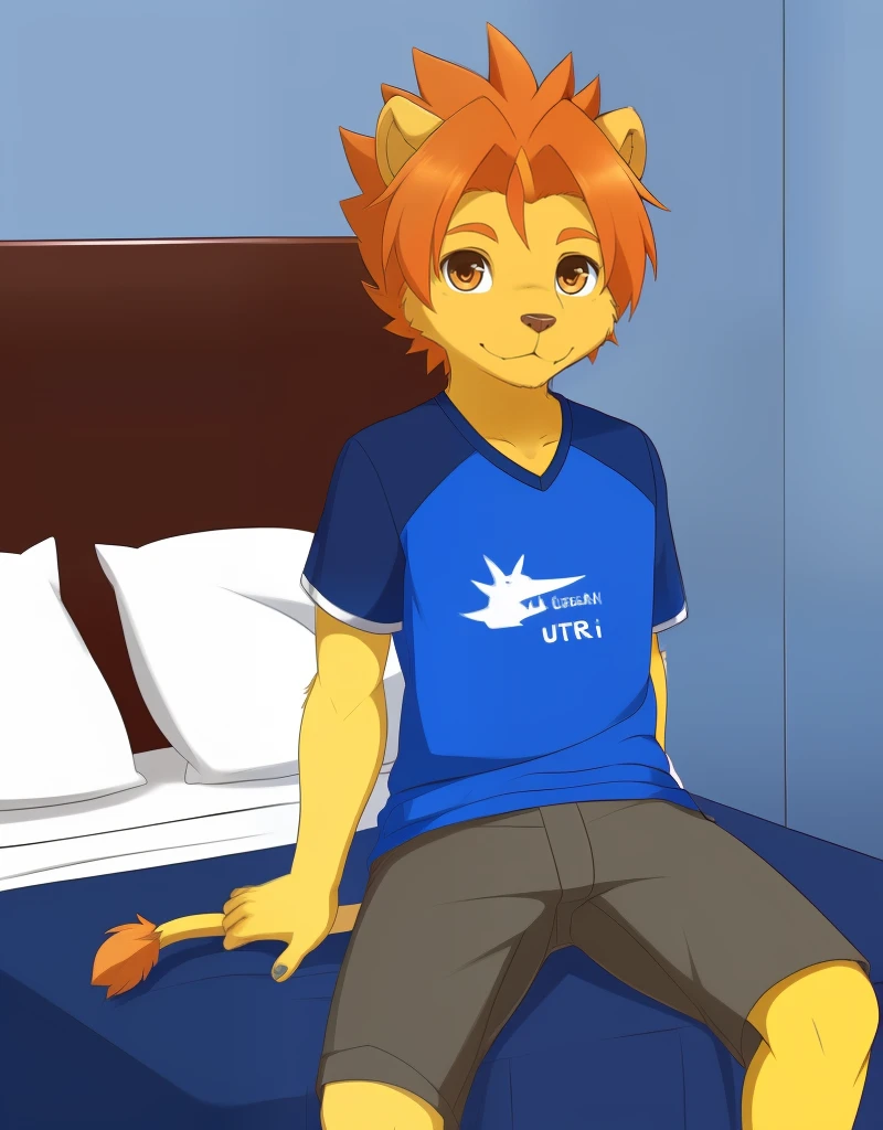 (((detailed eyes, detailed face))), (furry, soutarou <lora:character_soutarou_findigo_v1:0.9>, orange hair, spiked hair, lion boy, snout, orange eyes), male, (solo), (plump), (blue shirt, short sleeves, brown cropped pants, clothes writing), sitting, (arms behind back), smile BREAK (konzaburou, ukan_muri, cute), bedroom, (flat shading, flat color, high brightness), 8k, UHD, masterpiece, (full body)