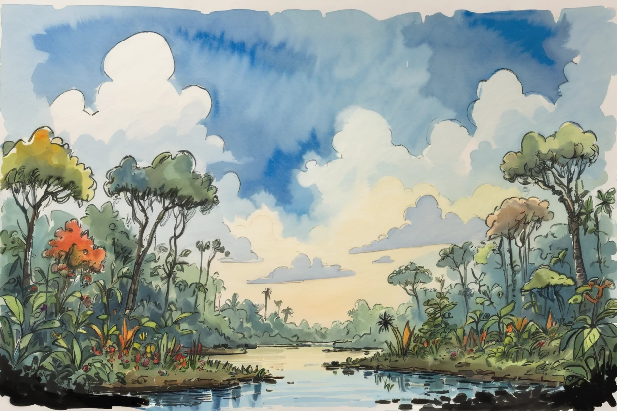 ink and wash, rough ink sketch, colorful, morning, blue sky, clouds, scenery, in a Changeling's Mimicry Jungle<lora:EnvyInkAndWashXL01:0.3>