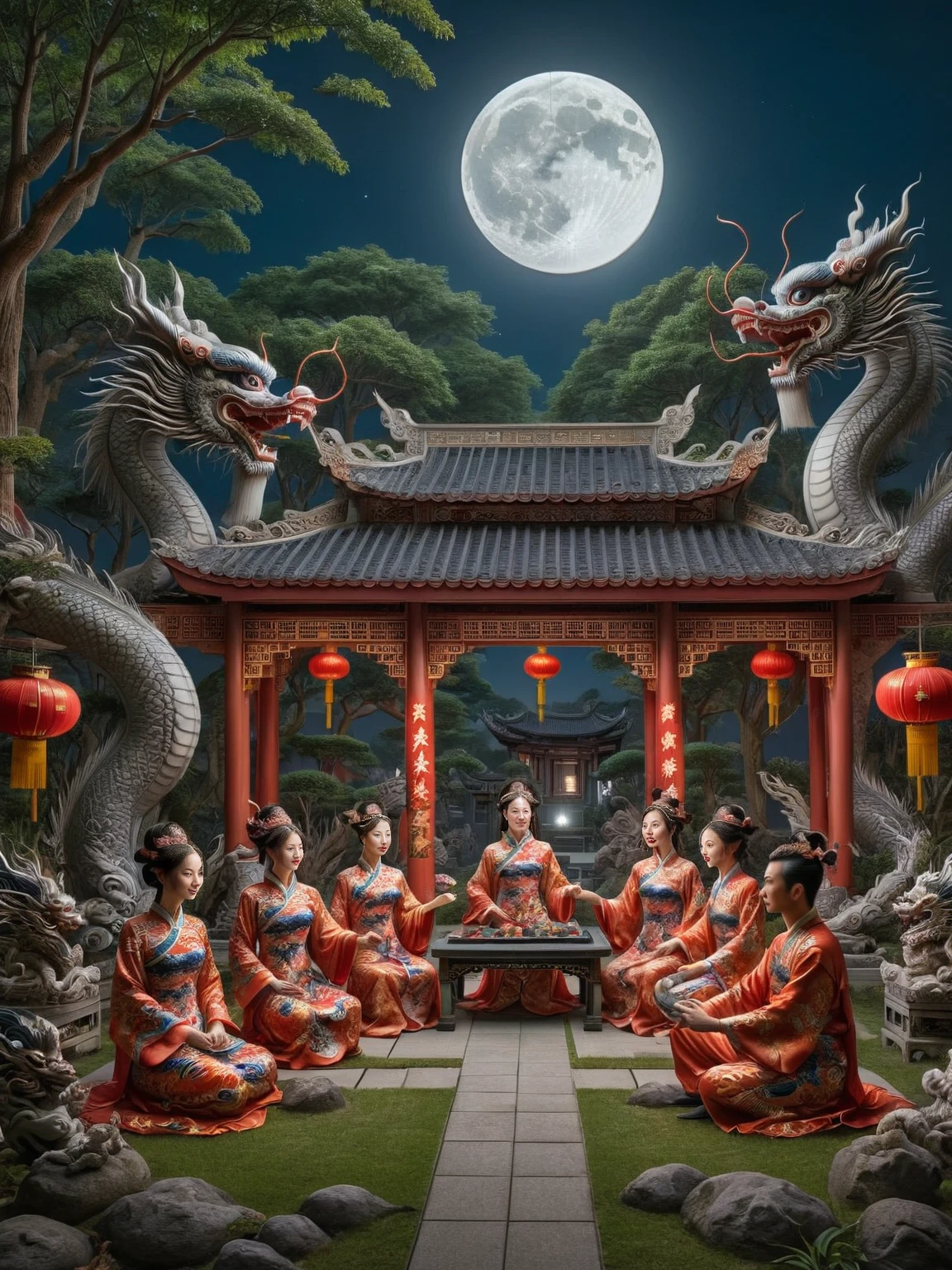An ais-cny ancient royal court scene with elegant figures in a garden during a moonlit festival <lora:Lunar_New_Year_Dragon_SDXL:1>