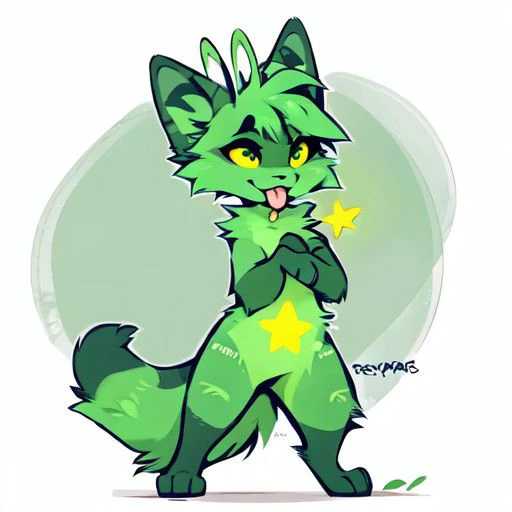 <lora:Gnarpy:1>, ((by Haps, by Reysi, by Mewgle, by Trevart)), gnarpy, standing, cat alien, alien antennae, green fur, yellow star on body, blep, sticking tongue out, (dim lighting:0.5), hq, good antennae