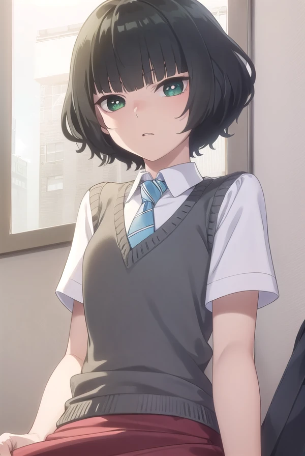 hitohahongou, <lora:hitoha hongou s1-lora-nochekaiser:1>,
hitoha hongou, short hair, bangs, black hair, (green eyes:1.3), blunt bangs,
BREAK shirt, school uniform, white shirt, short sleeves, necktie, sweater vest, blue necktie, skirt, red skirt,
BREAK indoors, classroom,
BREAK looking at viewer, (cowboy shot:1.5),
BREAK <lyco:GoodHands-beta2:1>, (masterpiece:1.2), best quality, high resolution, unity 8k wallpaper, (illustration:0.8), (beautiful detailed eyes:1.6), extremely detailed face, perfect lighting, extremely detailed CG, (perfect hands, perfect anatomy),