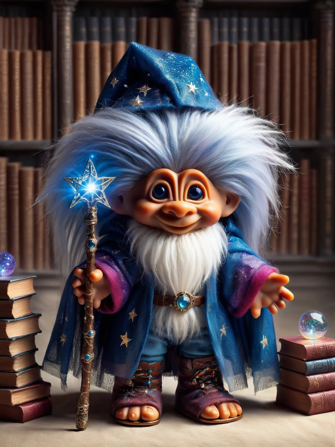 ais-trollz wizard, with deep concentration, wearing a starry cloak and ornate, mystical boots, holding a glowing staff, in an ancient library filled with magical books and levitating crystals. Their face illuminated by the spell's enchanting glow <lora:Trollz_2:1>