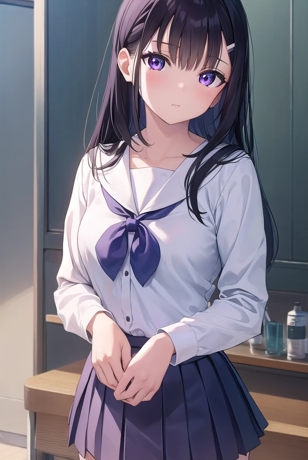miyakoohtsuka, <lora:miyako ohtsuka manga-lora-nochekaiser:1>,
miyako ohtsuka, long hair, bangs, hair ornament, hairclip, black hair, (purple eyes:1.1),
BREAK skirt, long sleeves, school uniform, pleated skirt, serafuku, sailor collar,
BREAK indoors, classroom,
BREAK looking at viewer, (cowboy shot:1.5),
BREAK <lyco:GoodHands-beta2:1>, (masterpiece:1.2), best quality, high resolution, unity 8k wallpaper, (illustration:0.8), (beautiful detailed eyes:1.6), extremely detailed face, perfect lighting, extremely detailed CG, (perfect hands, perfect anatomy),