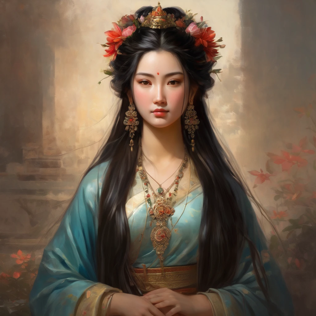 1girl,<lora:benevolence-000004:1>,flower,solo,black hair,looking at viewer,realistic,brown eyes,long hair,hair ornament,jewelry,hair flower,earrings,