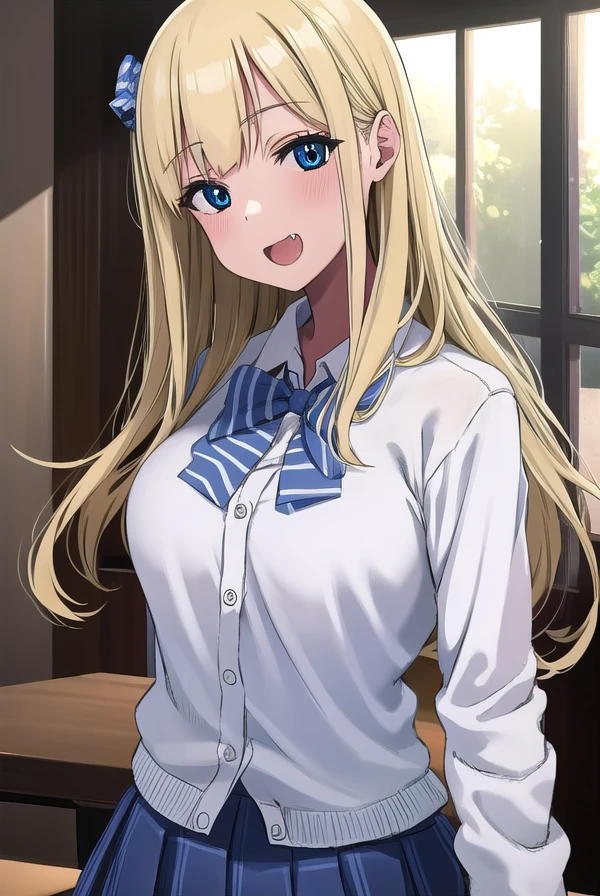 marinichinose, <lora:marin ichinose manga-lora-nochekaiser:1>,
marin ichinose, long hair, bangs, blue eyes, blonde hair, fang, open mouth, smile,
BREAK skirt, shirt, long sleeves, school uniform, white shirt, pleated skirt, bowtie, blue bow, cardigan, blue bowtie,
BREAK indoors, classroom,
BREAK looking at viewer, (cowboy shot:1.5),
BREAK <lyco:GoodHands-beta2:1>, (masterpiece:1.2), best quality, high resolution, unity 8k wallpaper, (illustration:0.8), (beautiful detailed eyes:1.6), extremely detailed face, perfect lighting, extremely detailed CG, (perfect hands, perfect anatomy),
