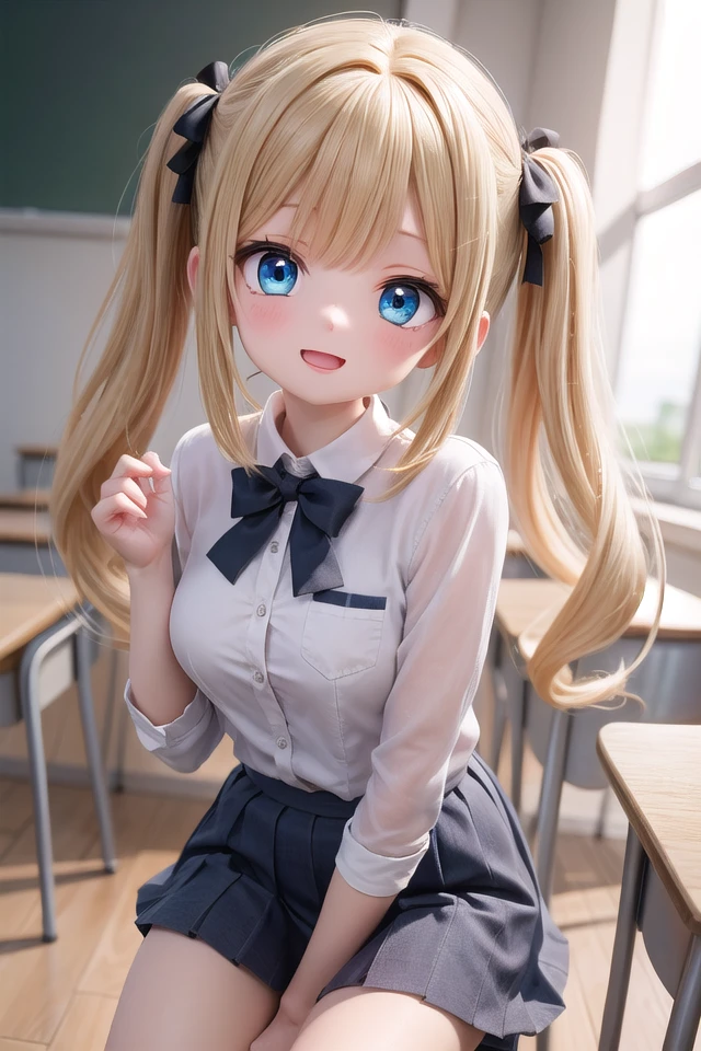 insanely detailed, absurdres, ultra-highres, ultra-detailed, best quality,
1 girl, solo, nice hands, perfect hands,
BREAK,
wearing summer school uniform, skirt,
evil smile, open mouth,
sitting,
45 angle, cowboy shot, looking at viewer,
BREAK,
slender, kawaii, perfect symmetrical face, ultra cute girl, ultra cute face, ultra detailed eyes, ultra detailed hair, ultra cute, ultra beautiful
BREAK,
indoors, in classroom,
blonde hair, twintails, blue eyes