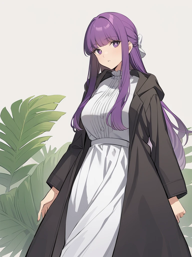 <lora:xl_Fern:1>,fern is a girl with purple long hair and purple eyes,she is wearing the "feilun" outfit which includes black long coat and white long dress,