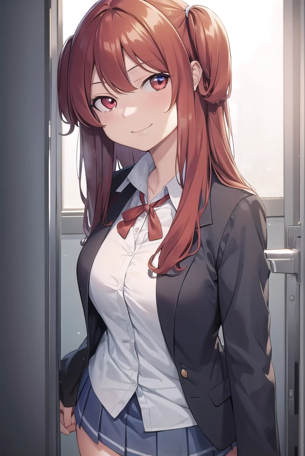 Long hair red,high school student,big breasts,woman,cool,Eyes,10 equipment,smile,uniform,School