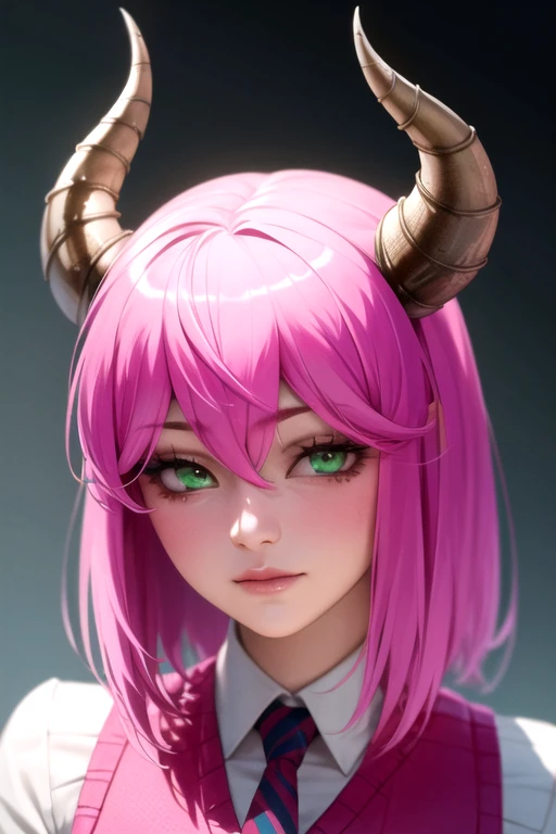 photorealistic, (4k), depth of field, (Masterpiece), (realistic skin texture), extremely detailed, intricate, hyper detailed, high resolution, professional photography, bokeh, depth of field, sharp detail, best quality, , 1girl, solo, <lora:akane_koumoto:0.78>, akane_koumoto, pink hair, green eyes, , horns, doll costume, , Blu-ray