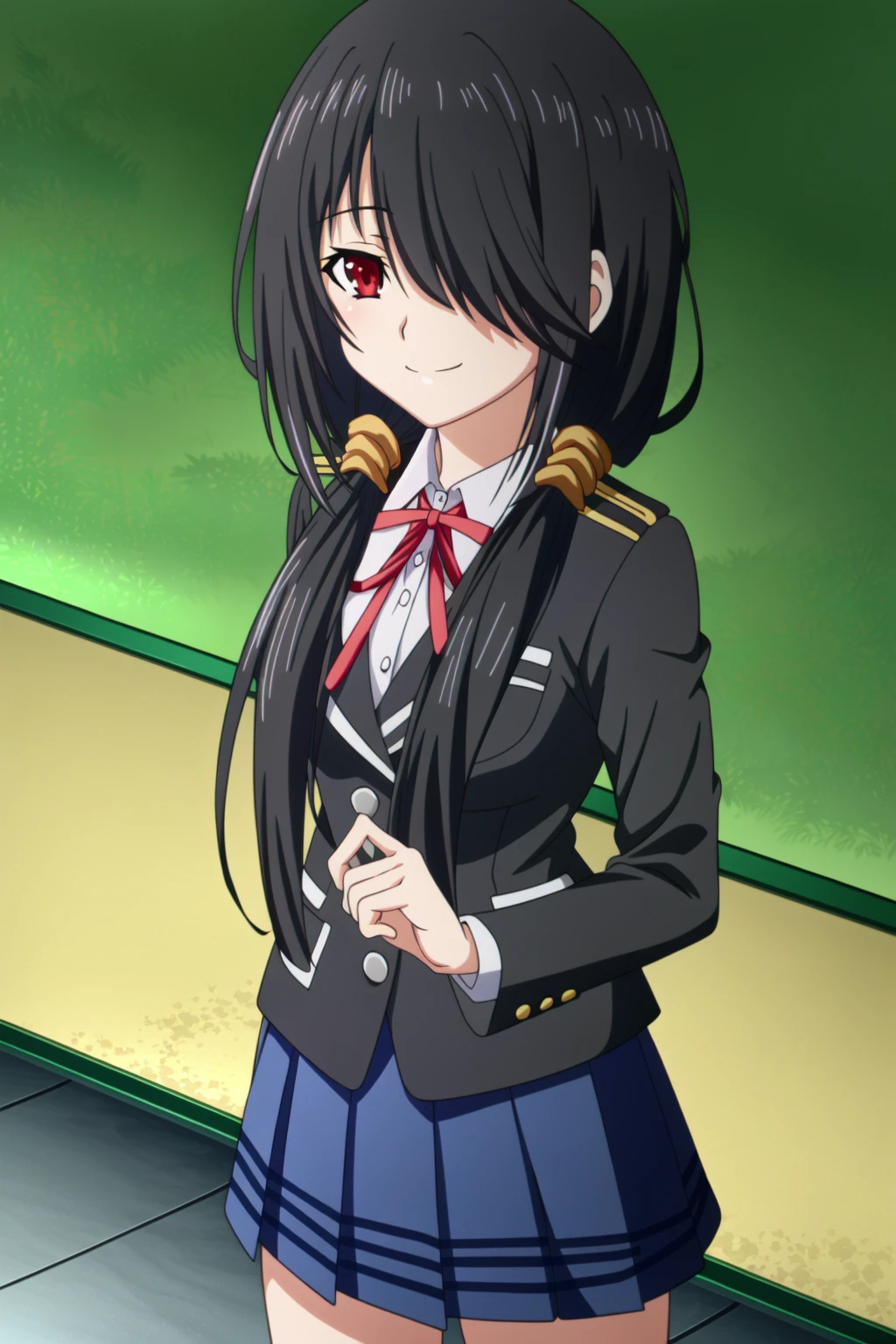 (extremely detailed CG unity 4k wallpaper),(masterpiece),(best quality),(ultra-detailed),(best illustration),(best shadow),(absurdres),(detailed background)<lora:OGT_Kurumi_Tokisaki-v1:1> Kurumi Tokisaki, 1girl, solo, red eyes, school uniform, black hair, long hair, twintails, hair over one eye, smile, ribbon, looking at viewer, skirt