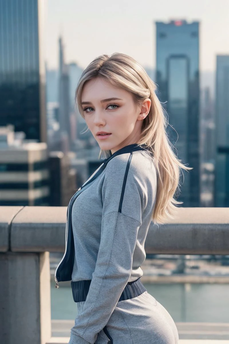 photo of S306_MelodyMarks,a stylish woman,in a (city:1.1),wearing a (tracksuit:1.1),(cityscape),(4k, RAW photo, best quality, depth of field, ultra high res:1.1),(absurdres, intricate, photorealistic, masterpiece, ultra-detailed:1.1),