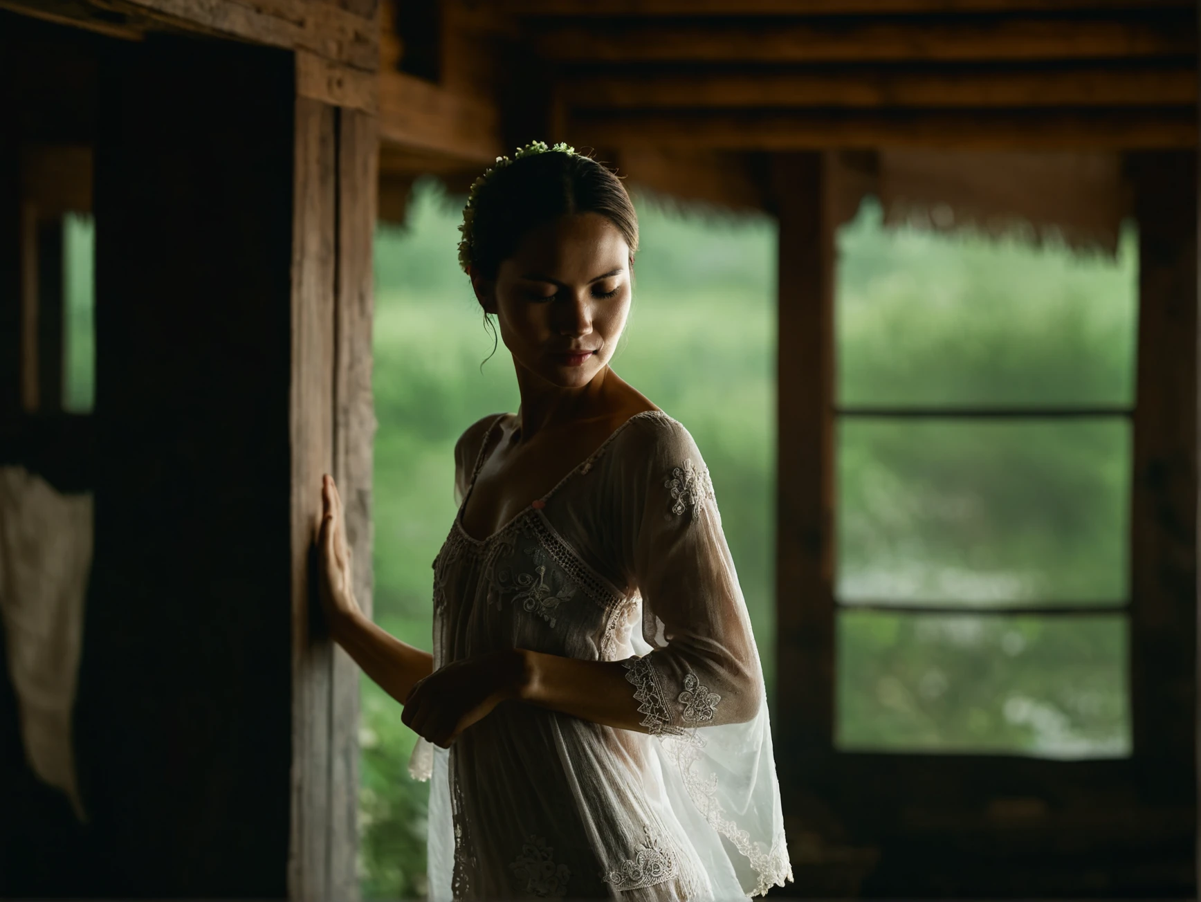 (full body:0.85) raw photo of (charming elegant [Slavic:Thai:0.25] woman:1.25) dancing inside village house wearing peasant see-through nightie, (dynamic artistic pose, sleepy face, eye-bags, small breasts, realistic nipples, touchism:1.3), (natural moist skin texture, cute small feminine hands:1.2), sharp focus on subject, (gloom bloom, back lit silhouette, natural rim lighting, moody cinematic grading:1.15)