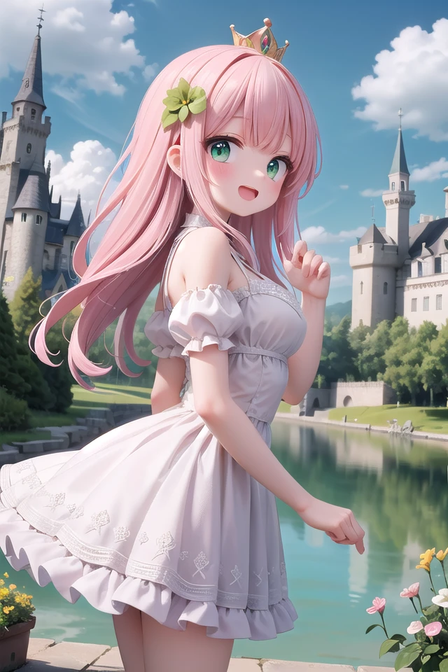 insanely detailed, absurdres, ultra-highres, ultra-detailed, best quality,
1 girl, solo, nice hands, perfect hands,
BREAK,
(wearing princess dress), teara,
happy smile, laugh, open mouth,
standing,
from side, cowboy shot, looking at viewer,
BREAK,
slender, kawaii, perfect symmetrical face, ultra cute girl, ultra cute face, ultra detailed eyes, ultra detailed hair, ultra cute, ultra beautiful,
BREAK,
fantasy world, (castle in background, lake:1.3), (very wide, panorama view, sense of depth, magnificent view:1.3)
BREAK,
princess girl, pink hair, green eyes, medium breasts