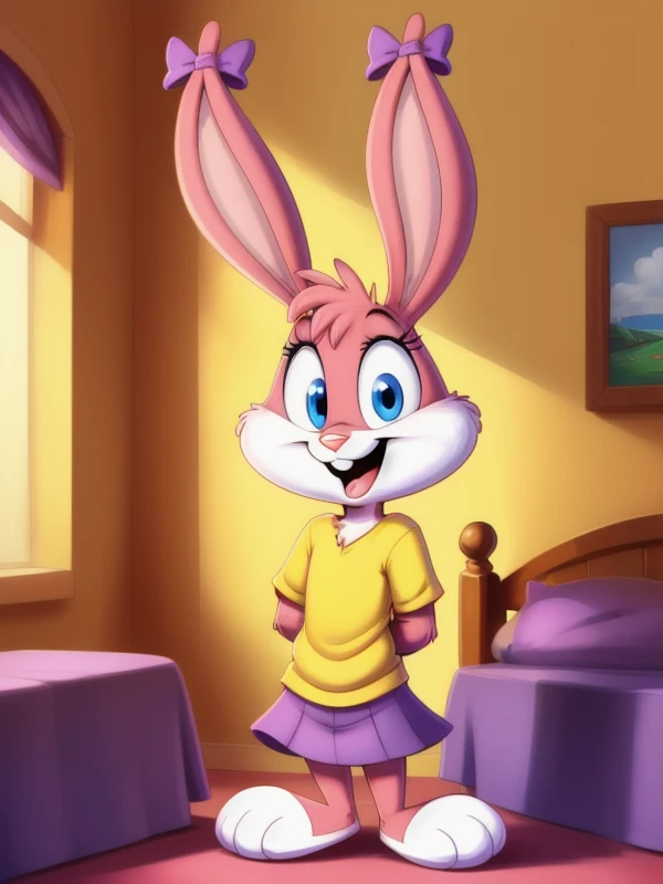<lora:BabsBunny_2D_v3:0.8>, Babs, bunny, girl, standing, blue eyes, rabbit teeth, pink nose, pink body, pink head, pink ears, pink legs, white cheeks, white feet, erect ears, yellow T-shirt, purple skirt, purple bows on the ears, standing, hands behind your back, mouth open, looking at viewer, young, Small body, dwarf, legs without knee, girls room
masterpiece, detailed, detailed background, 8k, 4k, detailed shaders