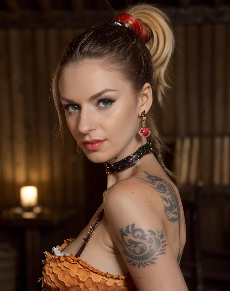 cinematic photo , masterpiece ,realistic, best quality, <lora:quiron_StellaCox_v1_lora:0.87> StellaCoxQuiron, Biopunk portrait of a ((Survivor Archaeologist with Jade green eyes, Bright orange High ponytail hair, and Mahogany skin)). (Button Nose and Japanese koi tattoo). (Boho Anklet and holds a special Amethyst Axe). Dressed in the (style of Rococo) (with Crystal Desert in the background and accompanied by a Mini-Dragon)., . 35mm photograph, film, bokeh, professional, 4k, highly detailed