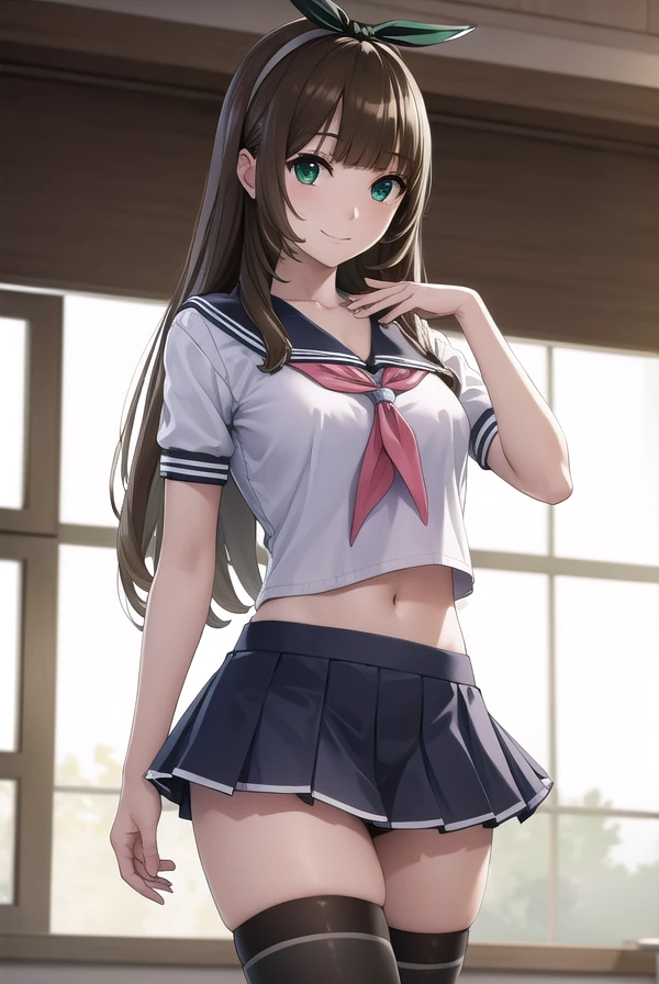 chitosenishina, <lora:chitose nishina manga-lora-nochekaiser:1>,
chitose nishina, long hair, brown hair, (green eyes:1.3), bangs, blunt bangs, smile,
BREAK skirt, thighhighs, navel, cleavage, school uniform, pleated skirt, hairband, shoes, serafuku, black thighhighs, black skirt, zettai ryouiki, neckerchief, bow, hair bow,
BREAK indoors, classroom,
BREAK looking at viewer, (cowboy shot:1.5),
BREAK <lyco:GoodHands-beta2:1>, (masterpiece:1.2), best quality, high resolution, unity 8k wallpaper, (illustration:0.8), (beautiful detailed eyes:1.6), extremely detailed face, perfect lighting, extremely detailed CG, (perfect hands, perfect anatomy),