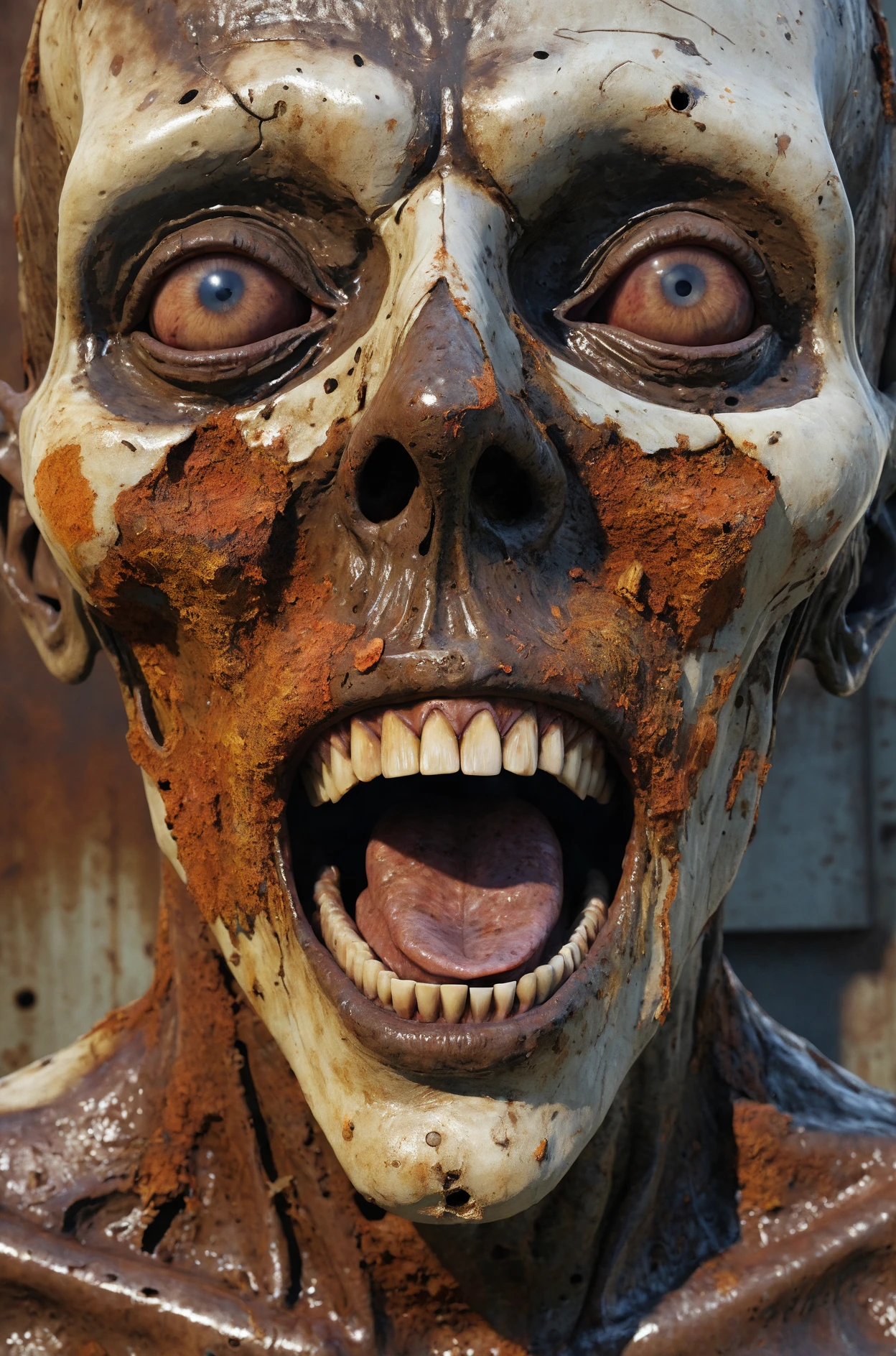 A realistic portrayal of a grotesque,distorted human face,mouth wide open in a silent scream,looking at viewer. A mix of organic and inorganic textures,rust and tissue,rot and metal,detailed subsurface scattering,in a polluted industrial background,