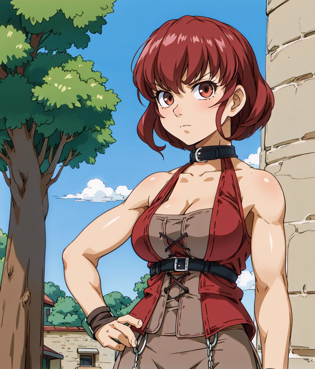 masterpiece, high res, detailed face, detailed eyes, anime screencap, 1 woman, woman, tall woman, serious, short hair, red hair, bare arms, red costume, brown vest, brown skirt. chains, standing, outdoors, village, cowboy shot   <lora:Oulan:1>