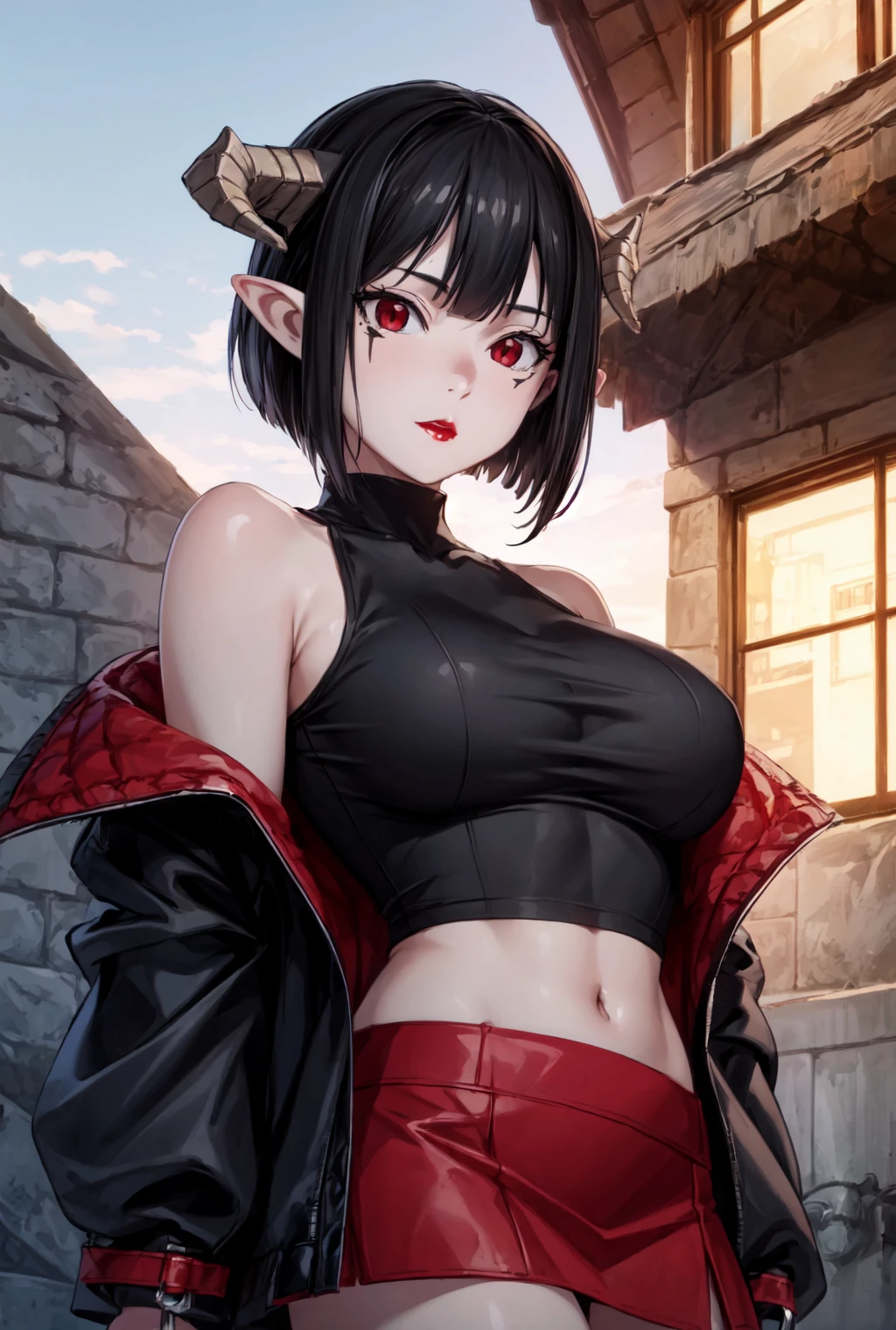 (highres:1.2),(ultra-detailed:1.2),[high dynamic range lighting],(masterpiece:1.3), (best quality),highly quality, intricate details,(extremely detailed CG unity 8k wallpaper:1.2),best shadow,(extremely detailed fine touch:1.2), (high resolution), (8K), (extremely detailed), (4k), (pixiv), perfect face, nice eyes and face, (super detailed), detailed face and eyes, textured skin, absurdres, highres, 1girl,  <lora:more_details:0.5>,  <lora:torture_tortura:0.7> tortura_wz, red eyes, black hair, short hair, pointy ears,  large breasts, red lips, demon horns, demon tail, black jacket, bare shoulders, crop top miniskirt, red skirt, wind, blue sky, outdoors, cowboy shot,