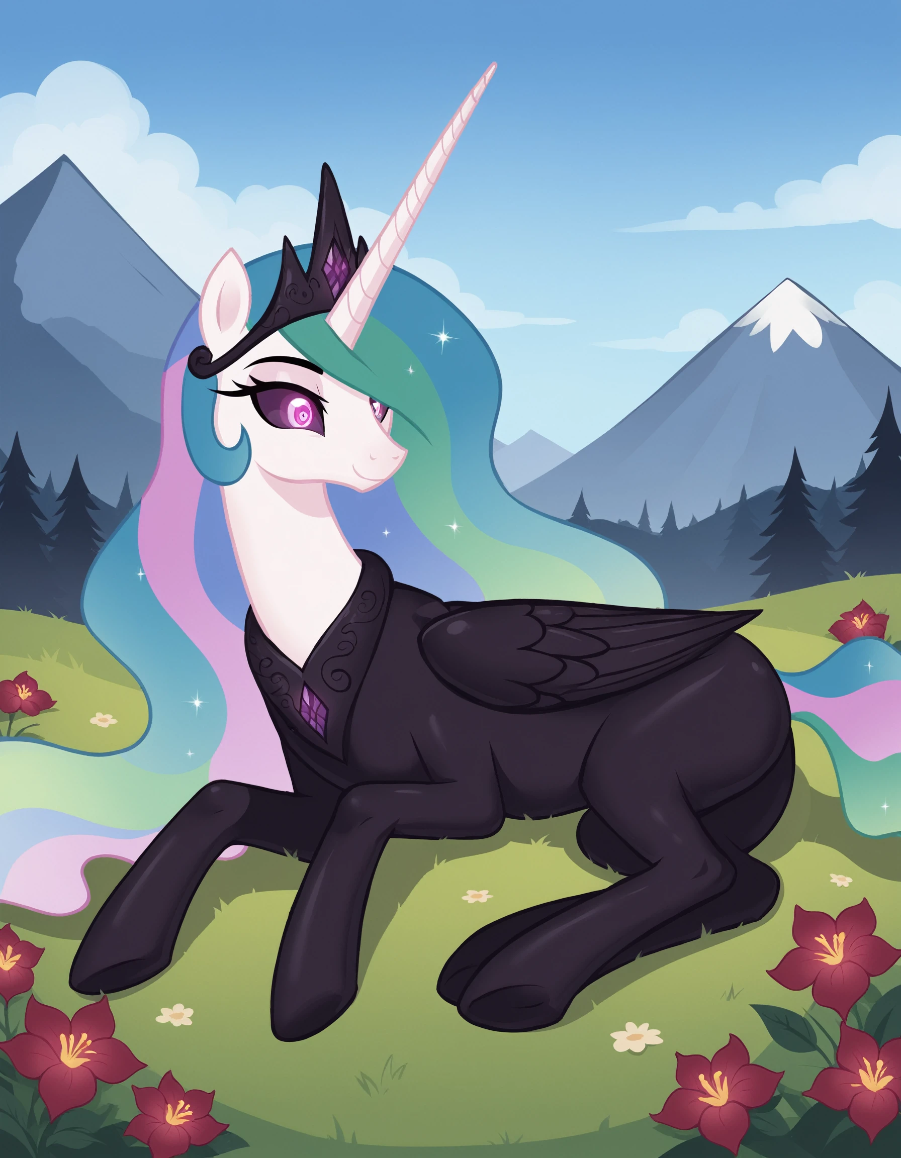 score_9, score_8_up, score_7_up, score_6_up, score_5_up, score_4_up, rating_explicit, outdoors, purple (pantyhose and neck choker), solo, feral pony, princess  celestia, evil smile, closed mouth,BREAK mountain, day, sky, flower, kingdom, blue sky, grass 