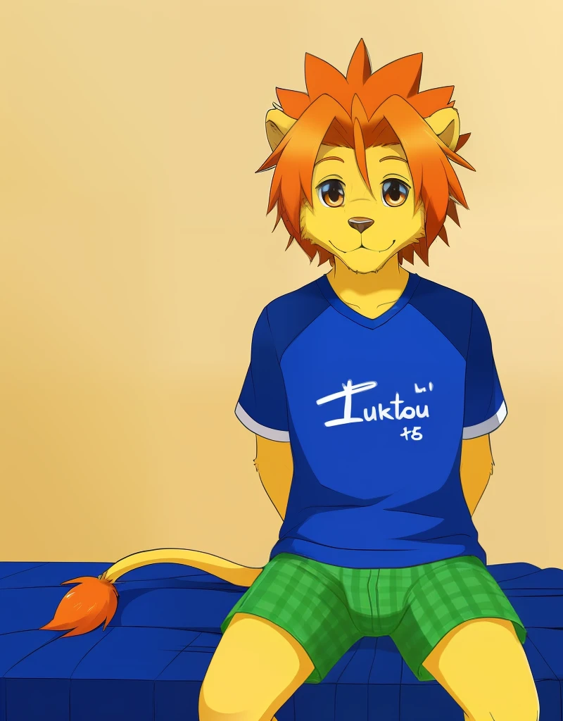 (((detailed eyes, detailed face))), (furry, soutarou <lora:character_soutarou_findigo_v1:0.9>, orange hair, spiked hair, lion boy, snout, orange eyes), male, (solo), (plump), (blue shirt, short sleeves, green trunks, plaids male underwear, male underwear, clothes writing), sitting, (arms behind back), smile BREAK (konzaburou, ukan_muri, cute), bedroom, (flat shading, flat color, high brightness), 8k, UHD, masterpiece, (full body)