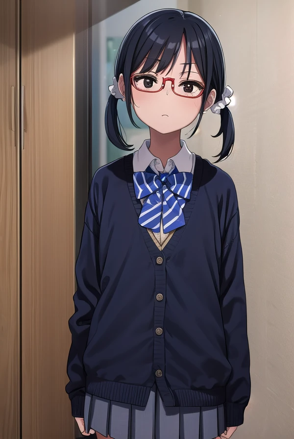 shihosayama, <lora:shiho sayama manga-lora-nochekaiser:1>,
shiho sayama, black hair, (brown eyes:1.5), glasses, twintails, short hair, scrunchie, hair scrunchie, red-framed eyewear,
BREAK skirt, shirt, long sleeves, bow, school uniform, pleated skirt, shoes, socks, bowtie, blue bow, cardigan,
BREAK indoors, classroom,
BREAK looking at viewer, (cowboy shot:1.5),
BREAK <lyco:GoodHands-beta2:1>, (masterpiece:1.2), best quality, high resolution, unity 8k wallpaper, (illustration:0.8), (beautiful detailed eyes:1.6), extremely detailed face, perfect lighting, extremely detailed CG, (perfect hands, perfect anatomy),