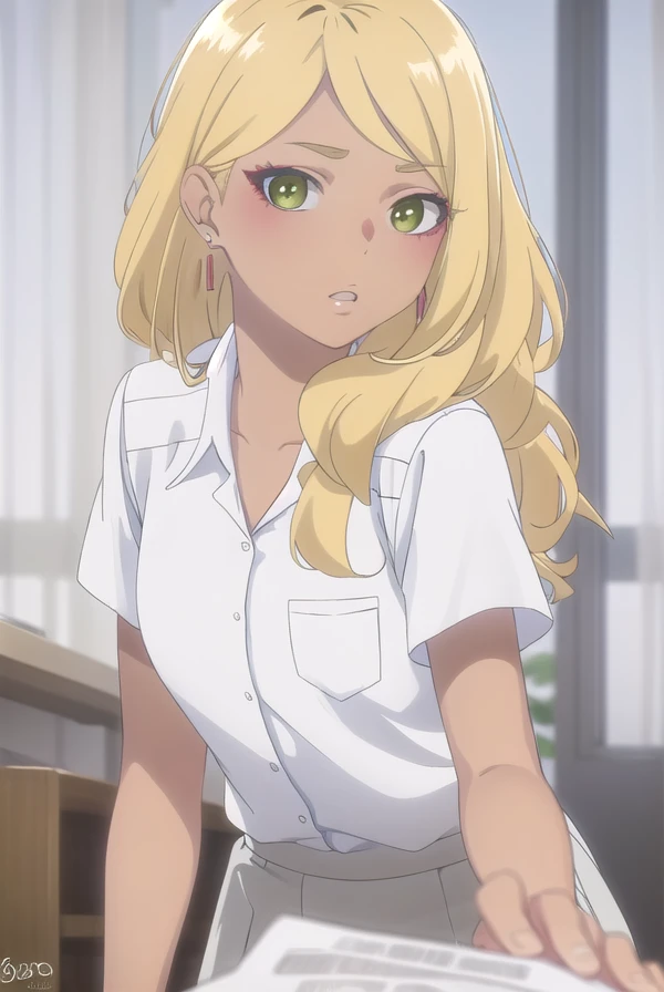 sonoejuujou, <lora:sonoe juujou s1-lora-nochekaiser:1>,
sonoe juujou, long hair, blonde hair, (green eyes:1.3), dark skin, dark-skinned female,
BREAK earrings, skirt, shirt, school uniform, white shirt, short sleeves, collared shirt, shirt tucked in,
BREAK indoors, classroom,
BREAK looking at viewer, (cowboy shot:1.5),
BREAK <lyco:GoodHands-beta2:1>, (masterpiece:1.2), best quality, high resolution, unity 8k wallpaper, (illustration:0.8), (beautiful detailed eyes:1.6), extremely detailed face, perfect lighting, extremely detailed CG, (perfect hands, perfect anatomy),