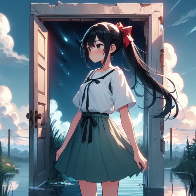 (((masterpiece))),  (((best quality))), (open door), (night sky inside frame:1.05), ((standing in water)), ((light black hair)), (((ponytail)), white shirt, green pleated skirt, (red thin bow), solo, 1girl, big tits, ribbon, shy, blush, slim figure, ((ruin)), (((cloud))), (((outdoor:1.3))), (((makoto shinkai style:1.3))), <lora:girllikeopendoor:1>,