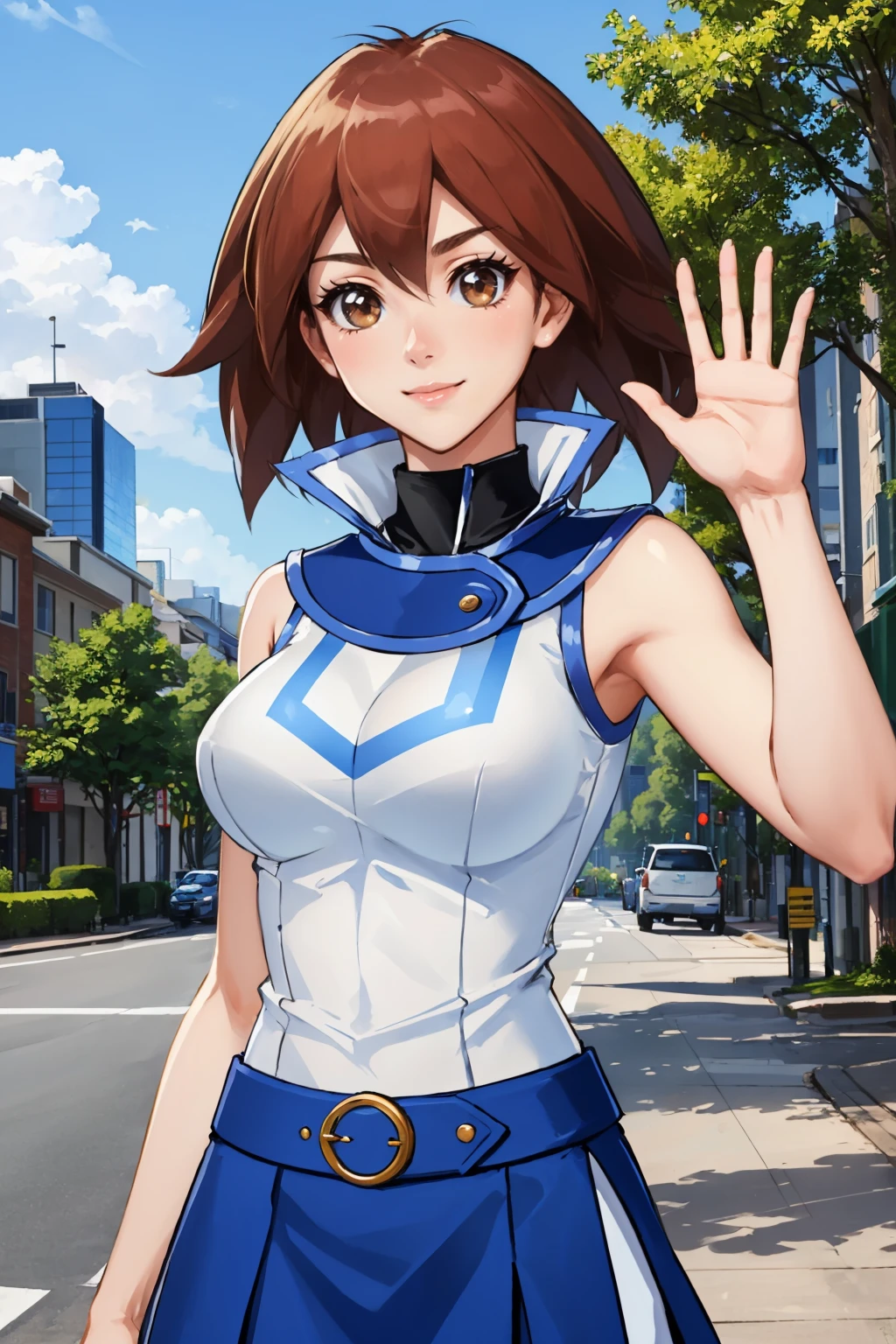 masterpiece, best quality, makurada junko, turtleneck, white vest, sleeveless, high collar, ((cleavage)), ((midriff)), ((navel)),((crop top)), ((bare midriff)), bare shoulders, ((medium breasts)), belt, blue miniskirt, upper body, looking at viewer, cowboy shot, smile, cityscape, blue sky, trees