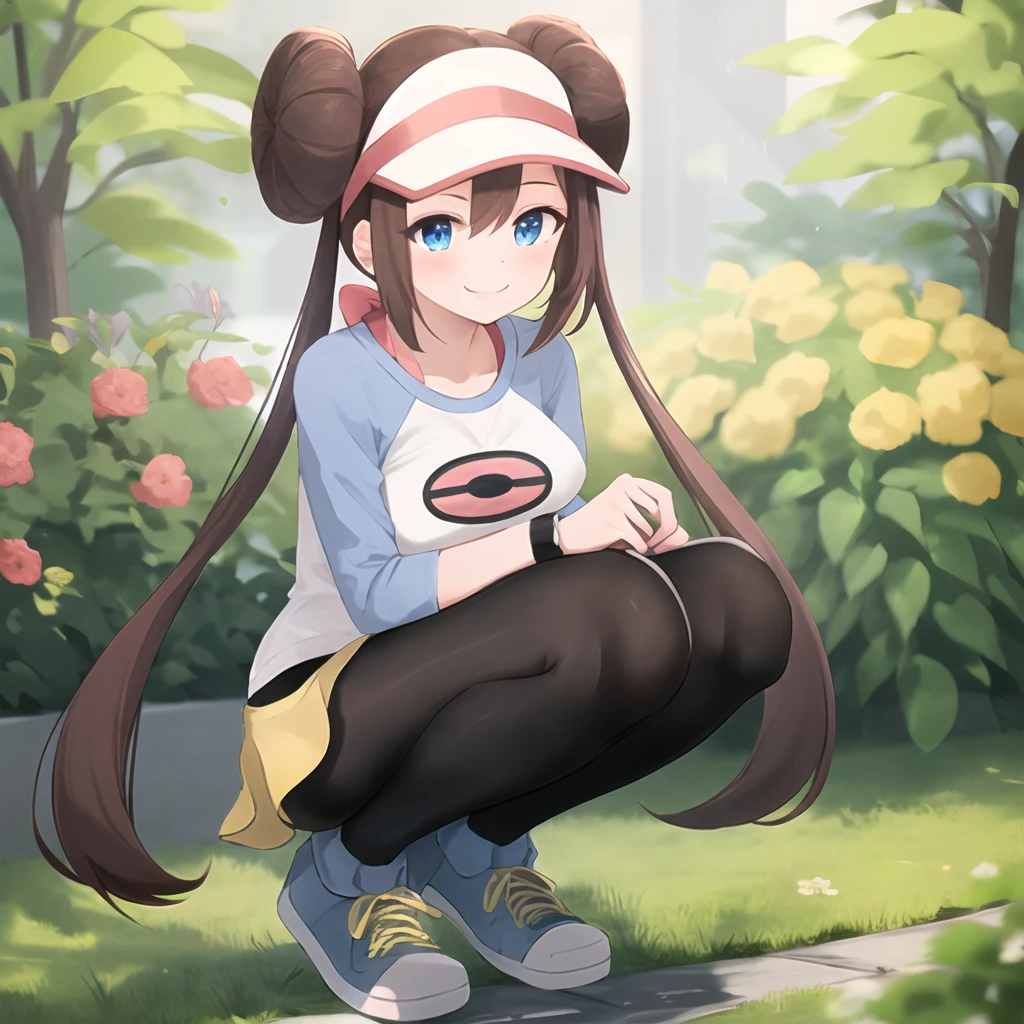masterpiece, best quality, highly detailed, 1girl, solo, <lora:rosa_pokemon-09:0.9> rosa_pokemon, visor, brown hair, hair buns, long hair, twintails, blue eyes, raglan sleeves, long sleeves, yellow shorts, black pantyhose, legwear under shorts, shoes,
(light smile:1.2), blush, mischievous, garden, full body, squatting, flowers