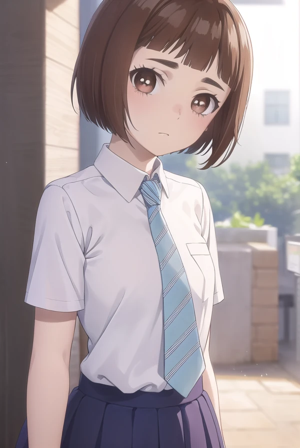 kazusaonodera, <lora:kazusa onodera s1-lora-nochekaiser:1>,
kazusa onodera, short hair, bangs, brown hair, (brown eyes:1.5), blunt bangs, bob cut, thick eyebrows,
BREAK skirt, shirt, school uniform, white shirt, short sleeves, necktie, striped, collared shirt, shirt tucked in, striped necktie,
BREAK indoors, classroom,
BREAK looking at viewer, (cowboy shot:1.5),
BREAK <lyco:GoodHands-beta2:1>, (masterpiece:1.2), best quality, high resolution, unity 8k wallpaper, (illustration:0.8), (beautiful detailed eyes:1.6), extremely detailed face, perfect lighting, extremely detailed CG, (perfect hands, perfect anatomy),