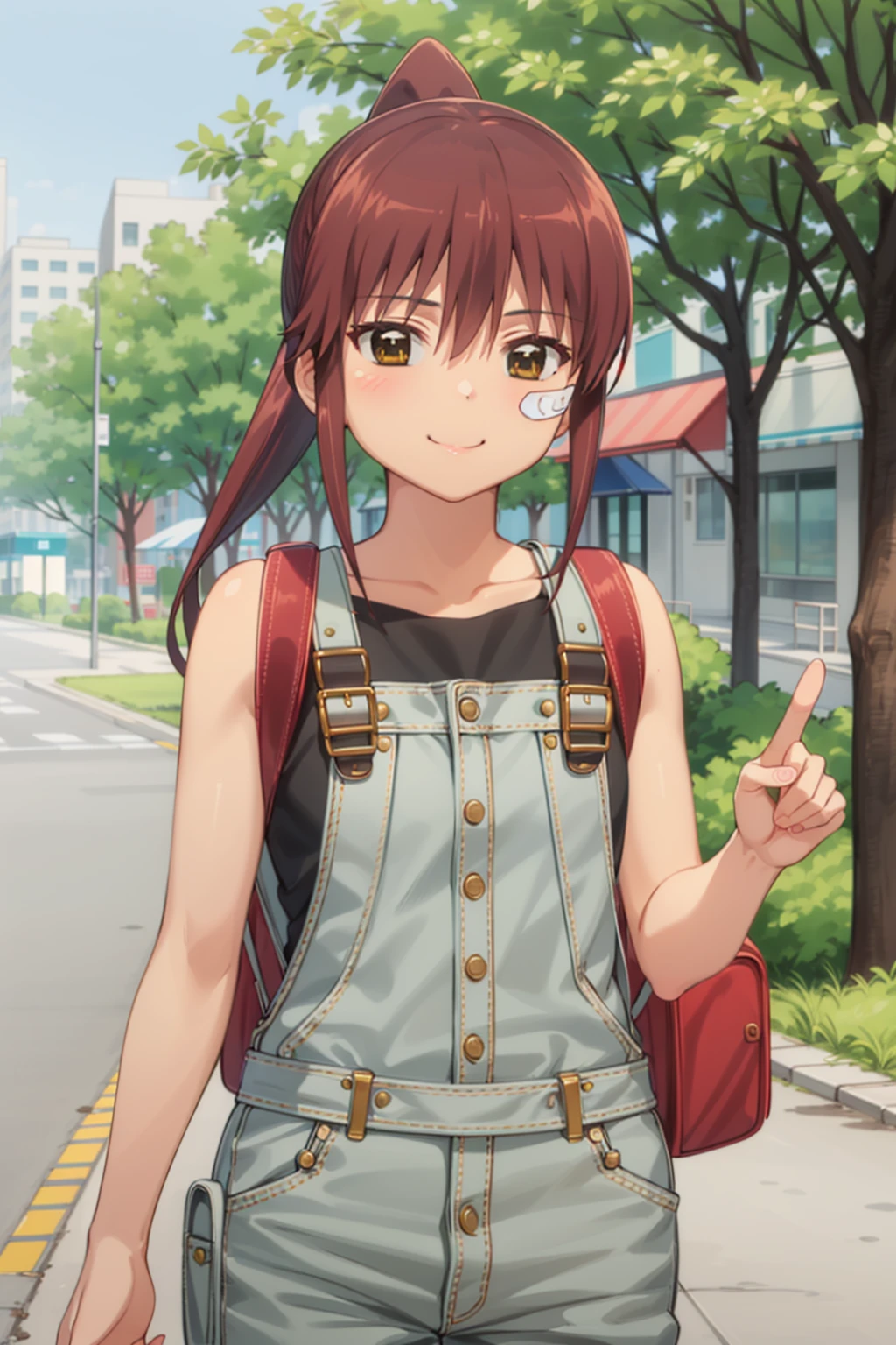 best quality, masterpiece, detailed,
<lora:KissXSis_SuminoeRiko:0.9>, Riko,
1girl, closed mouth, smile,
brown hair, brown eyes, ponytail, bandaid on face, sidelocks,
RikoCasual, overalls, black shirt, straps, grey pants, backpack,
standing, looking at viewer,
street, tree
